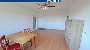 Geräumiger Wohn-Essbereich mit Laminatboden, Deckenventilator und viel Tageslicht.