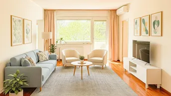 Helles Wohnzimmer mit bequemen Möbeln, Holzboden und Blick ins Grüne durch große Fenster.