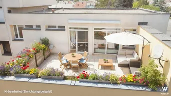 Große Dachterrasse mit Sitzgelegenheiten, Sonnenschirm und bunten Blumenbeeten für entspannte Stunden im Freien.