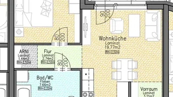 Grundriss einer Wohnung mit einem Schlafzimmer, offener Wohnküche, Bad und Balkon.
