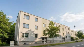 Mehrfamilienhaus mit heller Fassade und Bäumen entlang der Straße an einem sonnigen Tag.