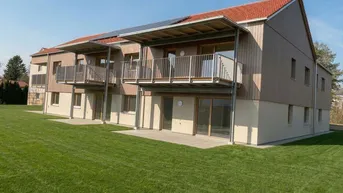 Neubau mit Holzfassade, Balkonen und großzügiger Rasenfläche in sonniger Umgebung.