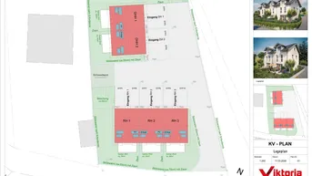 Übersichtlicher Lageplan des Grundstücks mit Doppelhaushälften und Reihenhäusern, inklusive Gartenbereichen und Zufahrten.