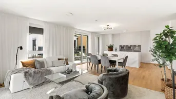 Helles, offenes Wohn-Esszimmer mit modernem Mobiliar, Parkettboden und Zugang zum Balkon.