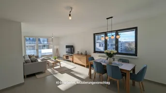 Helles, offenes Wohn- und Esszimmer mit modernen Möbeln und Blick auf die Stadt.