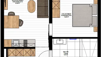 Detaillierter Grundriss einer Wohnung mit Wohn-Esszimmer, Schlafzimmer und Bad.