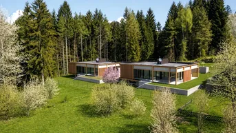 Moderne Häuser mit Flachdach und großen Fensterfronten, eingebettet in eine grüne Waldlandschaft.