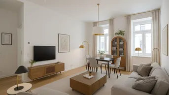 Helles, modern eingerichtetes Wohn- und Esszimmer mit Holzboden und großen Fenstern.