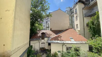 Blick auf einen Hinterhof mit kleinen Gebäuden, begrünten Flächen und umliegenden Mehrfamilienhäusern.