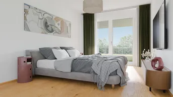 Helles Schlafzimmer mit Holzboden, modernem Bett und Zugang zum Außenbereich durch große Fenster.