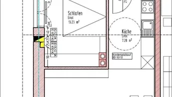 Grundriss einer Wohnung mit Schlafzimmer, Wohnbereich, Küche, Bad und Loggia.
