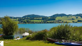 Idyllische Seenlandschaft mit grünen Hügeln und Booten am Ufer unter blauem Himmel.
