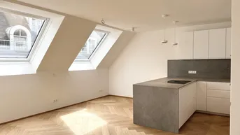 Expose Grünruhelage nahe Belvedere! Luxuriöse 3-Zimmer-Erstbezug-Dachgeschoss-Wohnung mit zwei Balkonen in historischem Gebäude