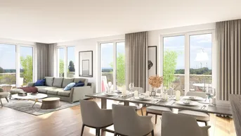 Heller, offener Wohn- und Essbereich mit großen Fenstern, Holzboden und Zugang zu einem Balkon.