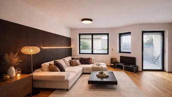 Modernes Wohnzimmer mit beigem Ecksofa, Holzboden und Zugang zur Terrasse.