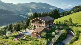 Beeindruckendes Chalet in alpiner Landschaft mit Pool, Feuerstelle und weitläufigem Grundstück.