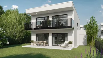 Moderne Doppelhaushälfte mit Terrasse, Balkon und gepflegtem Gartenbereich.