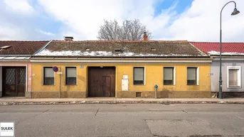 Gelbe Fassade eines älteren Gebäudes mit braunem Tor und Fenstern zur Straße hin.
