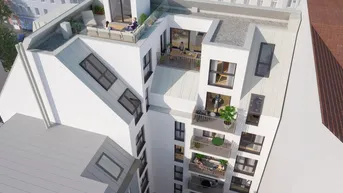 Moderne Architektur mit mehreren Balkonen und einer möblierten Dachterrasse in urbaner Umgebung.