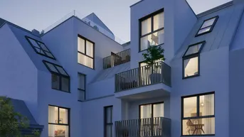 Moderne Wohnanlage bei Dämmerung mit zahlreichen Balkonen und Dachterrassen, die einen urbanen Lebensstil versprechen.