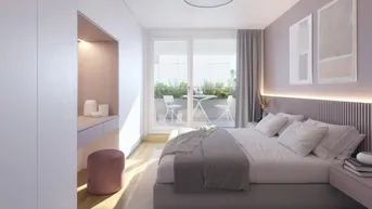Modernes Schlafzimmer mit integriertem Kleiderschrank, Schminkbereich und Zugang zu einem Balkon.