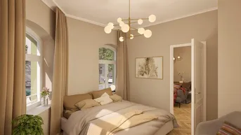 Helles Schlafzimmer mit modernem Kronleuchter, Parkettboden und großen Fenstern.