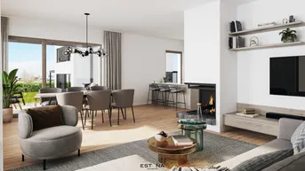 Heller offener Wohn-Essbereich mit Kamin, Holzboden und großen Fenstern zum Garten.