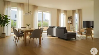 Helles, offenes Wohn-Esszimmer mit Holzboden, großen Fenstern und Zugang zu einem Außenbereich.