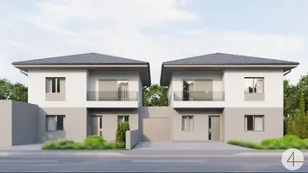 Moderne Doppelhaushälfte mit heller Fassade, großen Fenstern und gepflegter Vorgartenlandschaft.