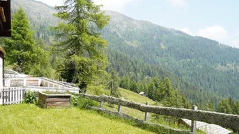 Grüne Wiese mit rustikalem Holzzaun und beeindruckendem Blick auf die bewaldeten Berge unter blauem Himmel.