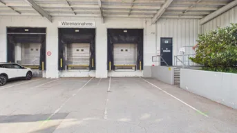 Außenansicht eines modernen Industriegebäudes mit mehreren Laderampen und einem geräumigen Parkplatz.