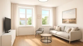 Helles Wohnzimmer mit modernem Sofa, Holzboden und Blick ins Grüne durch große Fenster.