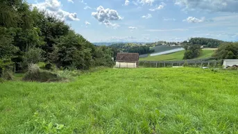 Weitläufige grüne Landschaft mit einem kleinen Gebäude in der Ferne unter bewölktem Himmel.