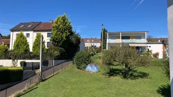 Weitläufiger Blick über grüne Gärten und benachbarte Häuser unter blauem Himmel.