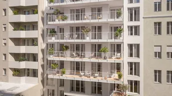 Moderne Wohnanlage mit mehreren Balkonen, Dachterrassen und einem kleinen Gemeinschaftsgarten im Erdgeschoss.