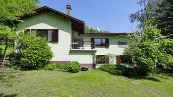Grünes Haus mit Garten und Balkon, umgeben von üppiger Vegetation und Bäumen.