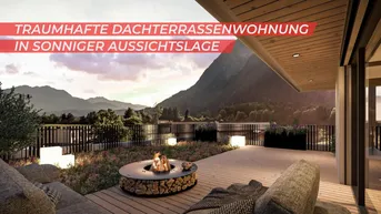 Geräumige Dachterrasse mit Feuerstelle, bequemen Sitzgelegenheiten und atemberaubendem Bergblick.