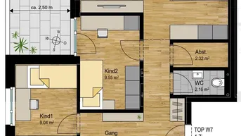 Detaillierter Grundriss der Wohnung TOP W7 mit offener Wohnküche und großer Terrasse.