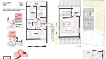 Grundriss für eine 4-Zimmer-Wohnung mit Ober- und Dachgeschoss, inklusive Loggia, Terrasse und verschiedenen Ansichten.