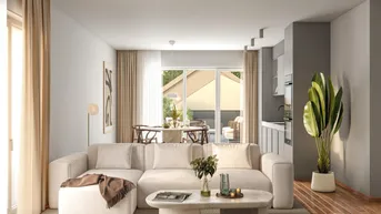 Modernes, offenes Wohnzimmer mit Essbereich und integrierter Küchenzeile, hell und freundlich gestaltet.