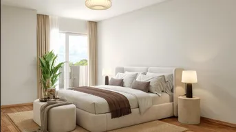 Helles Schlafzimmer mit modernem Bett, Holzboden und Zugang zu einem Balkon.
