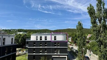Modernes Mehrfamilienhaus mit dunkler Fassade, umgeben von Grünflächen und Bäumen, mit Blick auf bewaldete Hügel.