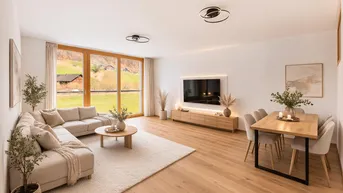 Helles Wohn- und Esszimmer mit Holzboden, bequemer Couch und Blick auf die grüne Landschaft.