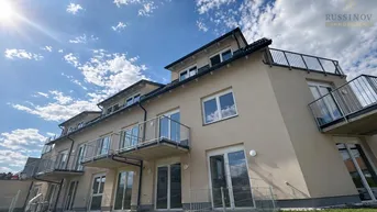 Modernes Mehrfamilienhaus mit mehreren Balkonen und einer gepflegten Rasenfläche unter blauem Himmel.