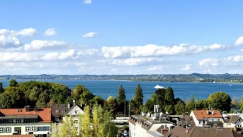 Panoramablick über die Stadt und den See mit bewaldeten Ufern unter blauem Himmel.