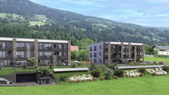 Moderne Wohngebäude in Hanglage mit Balkonen und Bergblick, umgeben von Natur.