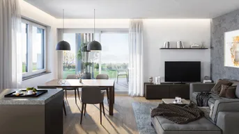 Helles, modernes Wohn-Esszimmer mit Holzboden, bequemer Couch und Zugang zur Terrasse.