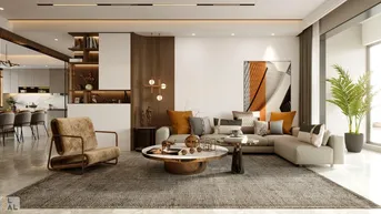 Elegantes Wohnzimmer mit L-förmigem Sofa und offenem Übergang zum Essbereich und zur modernen Küche.