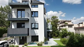 Modernes Wohngebäude mit weißer Fassade, dunklen Balkonen und einer kleinen Wasserfläche im Vorgartenbereich.