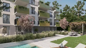 Expose VERKAUFSSTART - 3 Zimmer Erstbezugwohnung mit Balkon! Highlight sind Pool und Outdoorküche im Gemeinschaftsgarten!